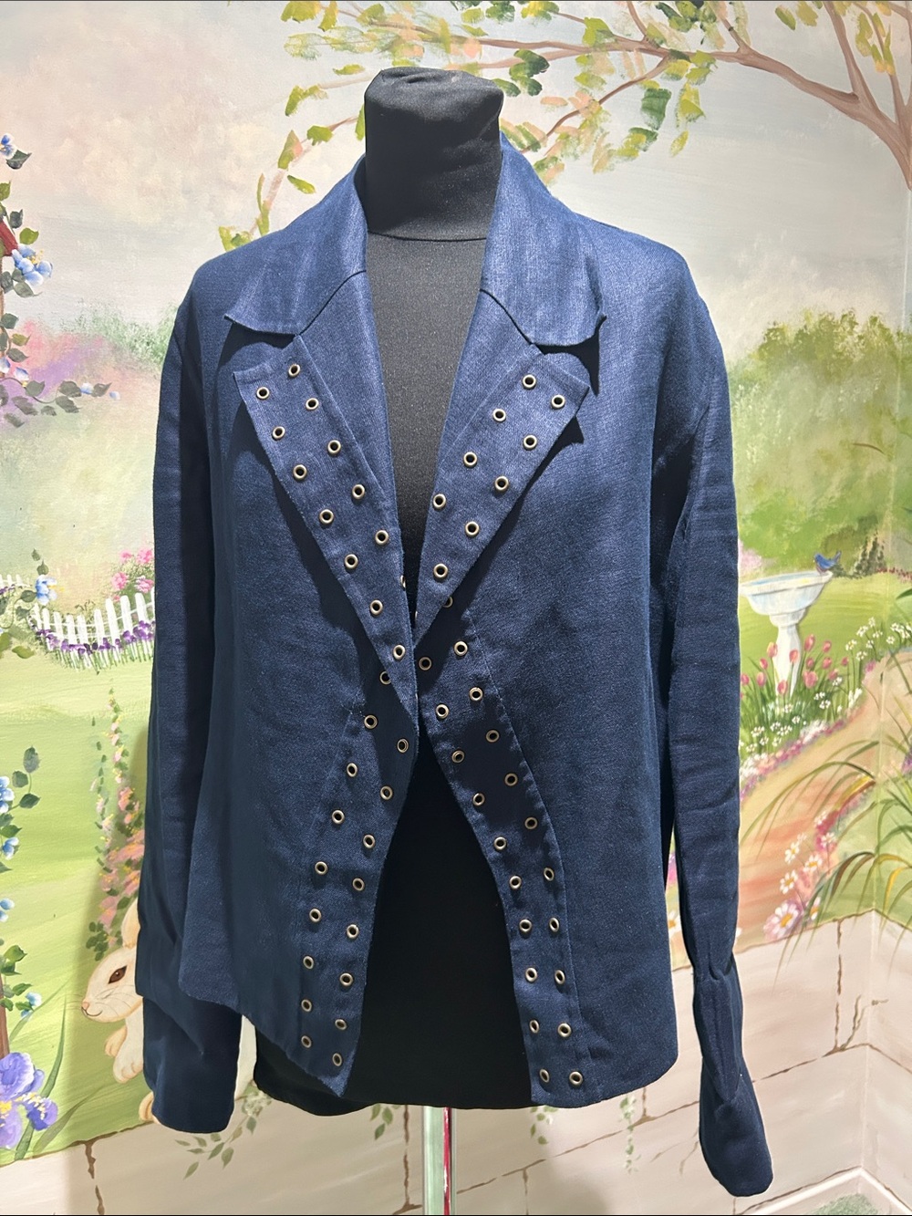 Vintage Linda Allard Ellen Tracy Navy Blue Linen Grommet Open-Front Blazer